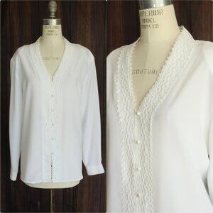 Vintage 1980s 1990s Blouse, Volup K.C. Studio White Button Down Shirt with Lace